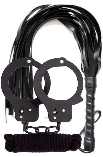 Paketerbjudande Cuffs, Rope & Whip Black 3 Paketerbjudande Cuffs, Rope & Whip Black
