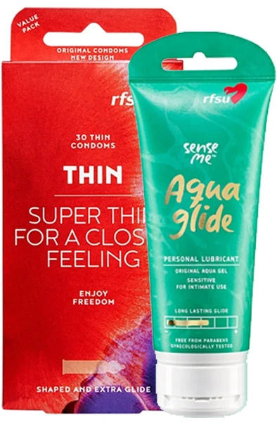 Paketerbjudande RFSU Thin 30 St + Aqua Glide 100ml 3 Paketerbjudande RFSU Thin 30 St + Aqua Glide 100ml