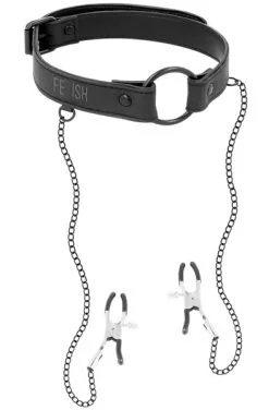 Fetish Submisive Ring Gag With Nipple Clamps