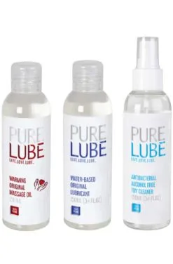 Pure Lube Water-Based Lubricant + Antibacterial Toy Cleaner + Warming Massage Oil 3 X 150 Ml